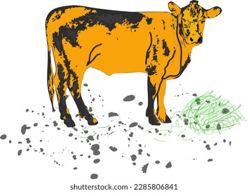 Eine orangefarbene Kuh frisst Gras