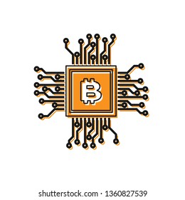 Orange CPU mining farm icon isolated on white background. Bitcoin sign inside processor. Cryptocurrency mining community. Digital money. Vector Illustration