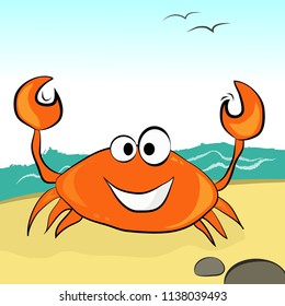 Orange crab with a smile in the afternoon on the sandy beach.