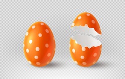 Orange Cracked Egg Isolated On Checkered Background. Realistic Egg Shells. Vector Illustration With 3d Decorative Object For Easter Design.