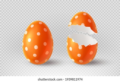 Orange cracked egg isolated on checkered background. Realistic egg shells. Vector illustration with 3d decorative object for Easter design.