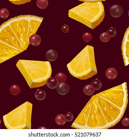 Orange and cranberry. Decorative vector seamless pattern with slices of orange and berries on dark red background.