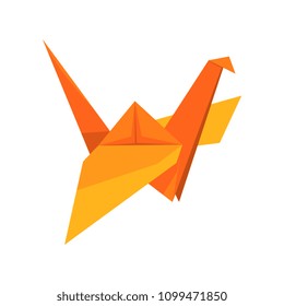 Orange crane bird made of paper in origami technique vector Illustration isolated on a white background.