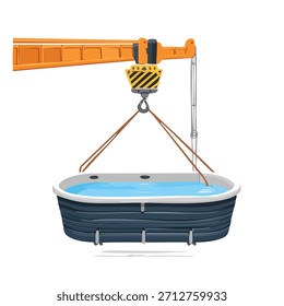 Una grúa naranja levantando una bañera de hidromasaje azul y blanca llena de agua. La ilustración utiliza colores brillantes, un estilo de dibujos animados y un fondo blanco aislado.