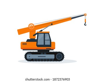 Orange crane truck isolated on white background. Construction heavy machinery icon vector illustration.