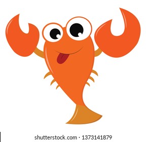 An orange crawfish with big eyes two claws and six tentacles is swimming in the ocean vector color drawing or illustration 