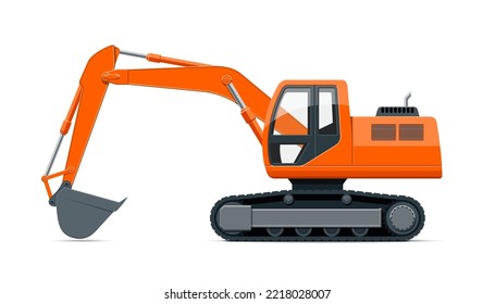 Orange crawler excavator isolated on white. Icon of excavation machine. Industrial vehicle. Vector illustration