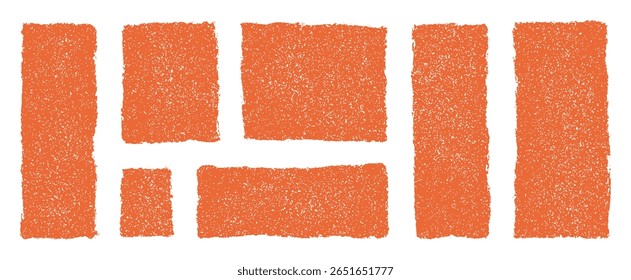Orange crayon drawn textured rectangles and squares on transparent background. Grunge vector frames for abstract design, doodle speech bubbles, hand drawn geometric shapes with rough edges
