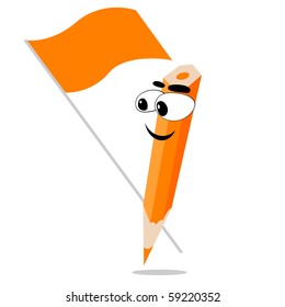 Orange crayon with flag. Vector illustration.