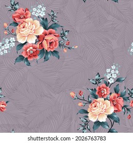 Orange Cream And Blue Vector Flowers With Leaves Bunches Pattern On Stock Leaf Grey Background