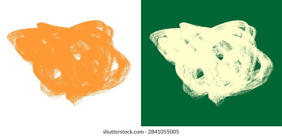 Orange and cream chalk scribble abstract on green background. Hand drawn smudged crayon texture clip art set for modern blackboard poster and doodle layout design.