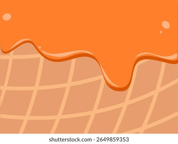 Orange cream melted  with cone vector. Ice cream glaze waffle sweet liquid illustration. Orange flavor