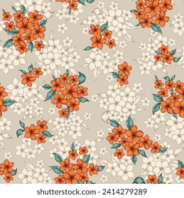 orange and cream seamless vector stock flowers leaves bunches pattern on cream background