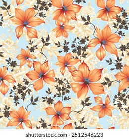 orange and cream seamless vector stock flowers leaves pattern on blue background