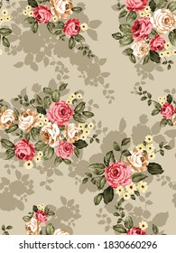 orange and cream vector flowers with green leaves bunches pattern on brown seamless background