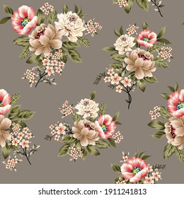 orange and cream vector flowers with green leaves bunches  pattern on grey background