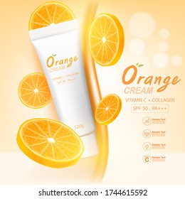 Orange Cream Vitamin And Collagen Vector For Advertising Beauty Skincare Or Cosmetic Products Background.