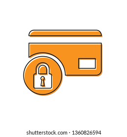 Orange Credit card with lock icon isolated on white background. Locked bank card. Security, safety, protection concept. Concept of a safe payment. Vector Illustration