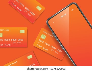 Orange credit card and orange Screen Smartphone Placed on an orange background for financial and shopping online concept design,vector 3d isolated template,free space on mobile screen to enter text