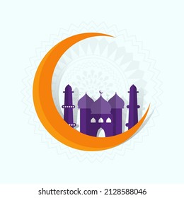 Luna Crescent Naranja Con Ilustración De Mezquita Púrpura Y Espacio Para La Celebración Del Festival Islámico.