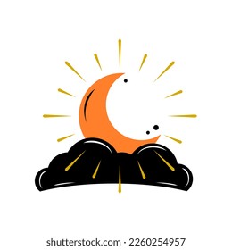 Orange crescent moon star with golden yellow moonlight ray and black cloud witch magic boho tattoo icon on white background flat vector design