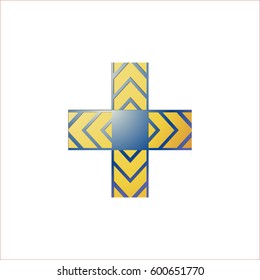 Orange cross with a blue triangular lines and a blue square in the center of the vector