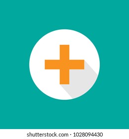 orange cross with shadow in white circle. Flat vector icon isolated on blue.  Add or plus purchase pictogram.  Good for web and mobile design.