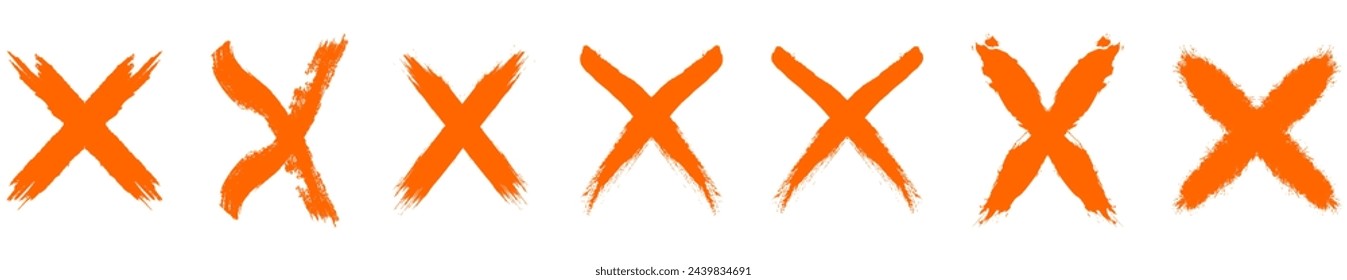 Conjunto de signos cruzados de color naranja. Colección de marcas incorrecta. Símbolo X de la Cruz Roja. Icono rojo de grunge X. Señales de pincel cruzado - vector de stock. 