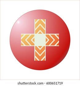 Orange cross with white triangular lines and a white square in the center of the red circle,button, vector