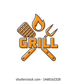 Orange Crossed fork and spatula icon isolated on white background. Fire flame sign. BBQ fork and spatula sign. Barbecue and grill tools. Vector Illustration