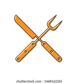 Orange Crossed knife and spatula icon isolated on white background. BBQ knife and spatula sign. Barbecue and grill tools. Vector Illustration