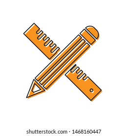 Orange Crossed ruler and pencil icon isolated on white background. Straightedge symbol. Drawing and educational tools.  Vector Illustration