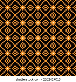 Patrón de tejido de cosido cruzado de color naranja sobre fondo negro. Puntos cuadrados naranjas sobre fondo negro. Diseño de tela colorida para la venta. Arte artesanal de tejer de Halloween.
