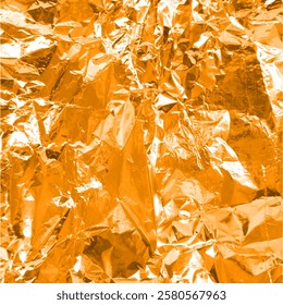 Orange crumpled foil background with a shiny iridescent effect. Suitable for wallpaper, decor or packaging design. Metallized paper. Vector illustration. Realism.