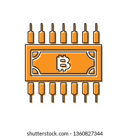 Orange Cryptocurrency concept bitcoin in circle with microchip circuit icon isolated on white background. Blockchain technology, digital money market. Vector Illustration