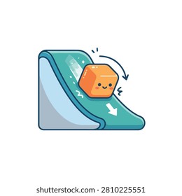Orange cube character sliding down a teal ramp with a happy face
