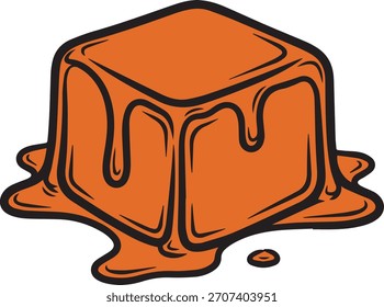 Un cubo naranja con contornos negros gruesos se representa derritiendo y goteando líquido sobre una superficie blanca.