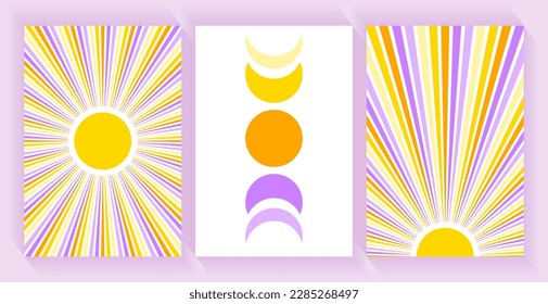 Orange cun with long beam rays, moon phases vector illustration. Contemporary minimalist sun ans moon landscape cards set. Wall art. Sunset, esoteric moon phases alchemy symbols. Sky celestial objects