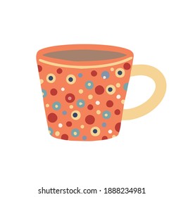 Orangefarbene Tasse in Polka-Punkten einzeln auf weißem Hintergrund. Flache Vektorgrafik. Vektorgrafik