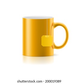Orange cup with tea bag label from standing on white background