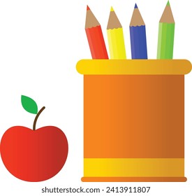 An orange cup with yellow, red, blue and green pencils. On the side is a red apple.