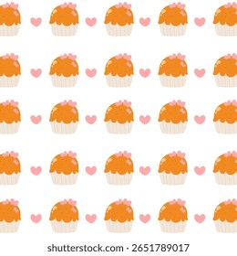 Bolinho laranja com decoração de coração padrão sem costura. Desenho animado de sobremesa bonito e saboroso. Pode ser usado para papel de parede, impressão, papel de embrulho e tecido de moda