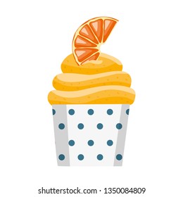Orange cupcake on a white background in a paper cup. Muffin with orange cream. Top decorated with a slice of orange