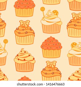 Orange cupcakes seamless pattern. Yellow cupcakes set. Cartoon cupcakes with isolated elements: lemon, orange, lollipop, bow, waffle, colorful chocolate sprinkles, stars and hearts.