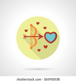 Orange Cupids bow with red arrow aiming in blue heart with red frame. Symbol of love. Valentines day concept. Yellow round flat vector icon, long shadow. Element for web design, business, mobile app.
