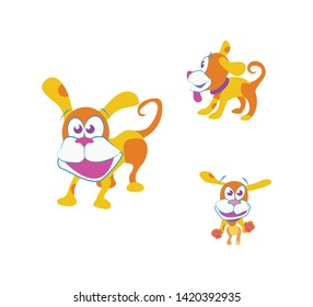 Orange curious puppy rejoices life. Character is depicted in three poses.