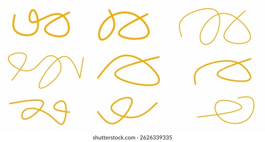 orange curly squiggly lines collection. orange squiggly lines collection. Swoosh, swash underline stroke set. Abstract orange wavy thin lines. Scribble elements.