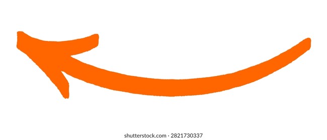 Orange curved arrow graffiti pointing doodle showcases smooth hand drawn marker stroke and urban street art style. Left direction navigation indicator symbol icon for layout clip art.