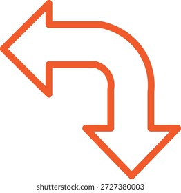 Orange curved arrow pointing left and down for direction or navigation purposes simple design