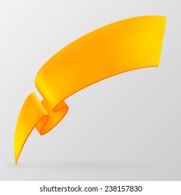 Orange curved paper ribbon banner. Design element. Isolated on a gray background. With space for text. Abstract vector illustration.